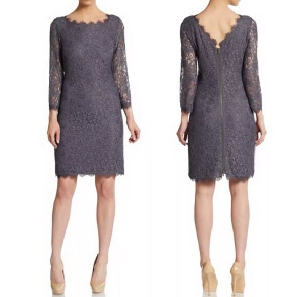 ☀️SALE☀️ Diane Von Furstenberg Zarita Grey Lace Back Zip Dress Size: 10 - Picture 2 of 9